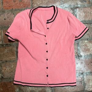 Vintage Pink Knit Short Sleeved Button Down with Black Details